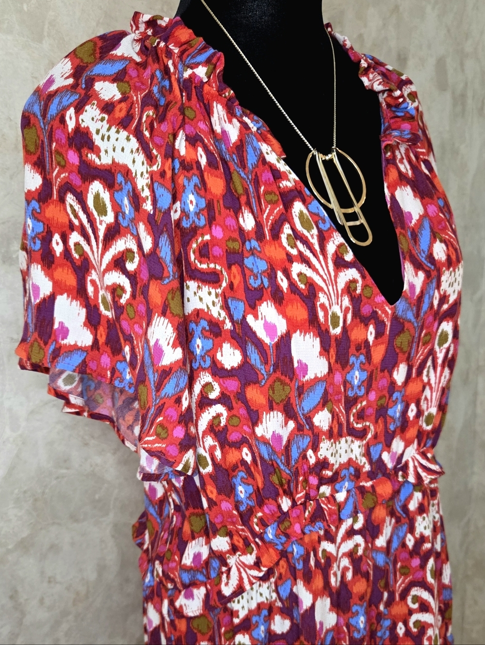 Anthropologie NWT Red Ikat Floral Ruffle Mini Dress Boho Tiered XS
